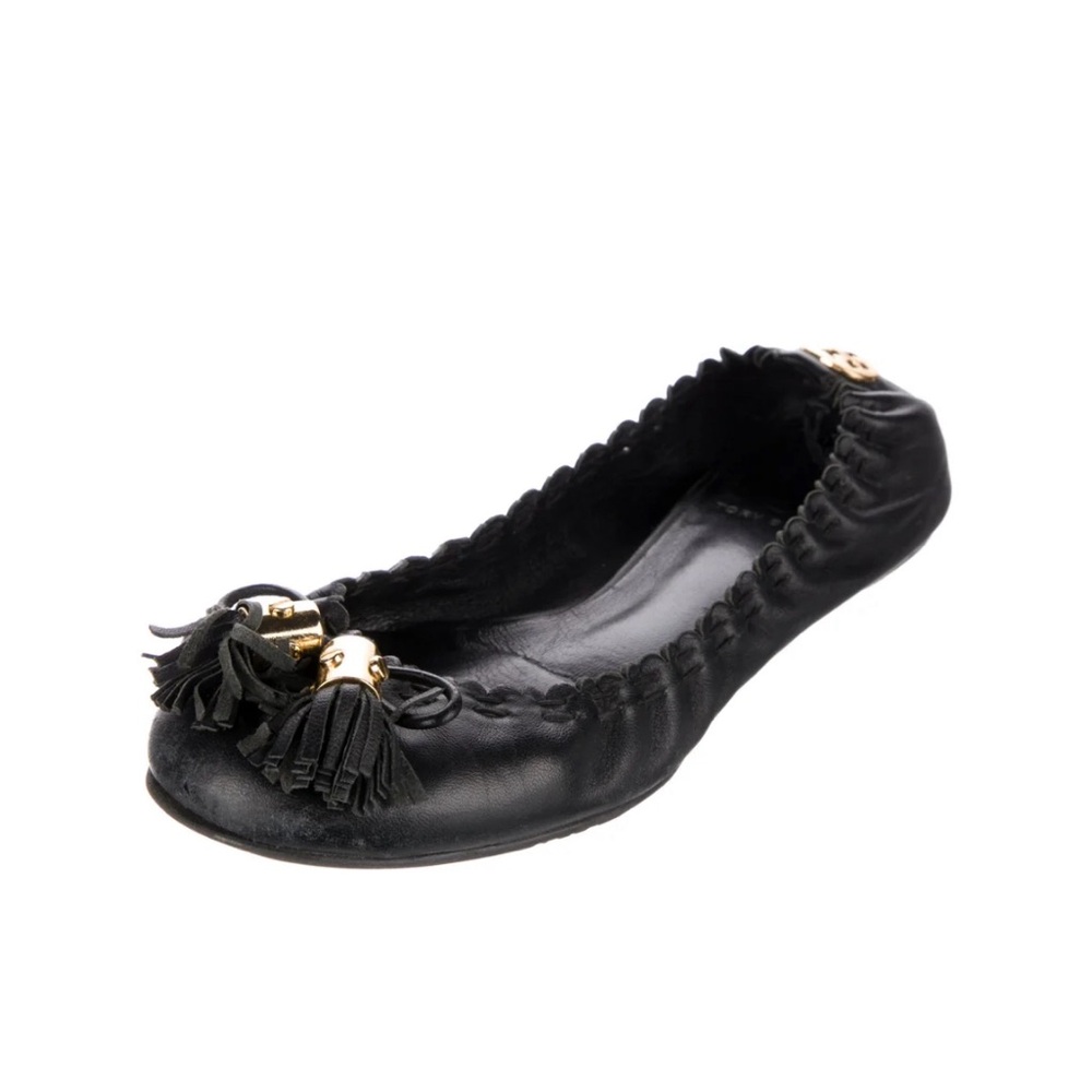 Tory Burch Black Leather Tassel Scrunch Ballet Flats 7.5